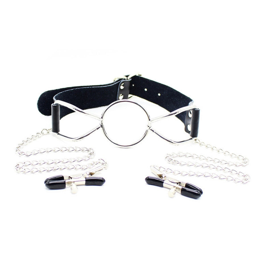 Genuine Leather Open Mouth Ring Gag With Nipple Clamps