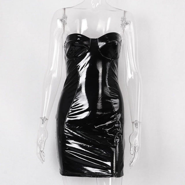 Rosetic Sexy Reflective Backless Strapless Gothic PU Leather