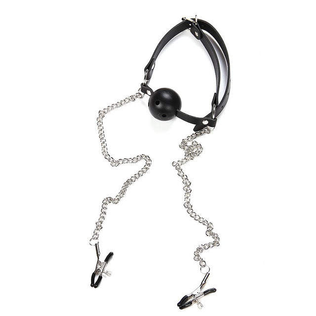 Ball Gag with Attached Nipple Clamps