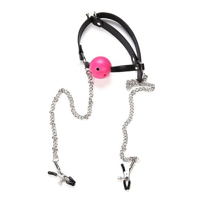 Ball Gag with Attached Nipple Clamps